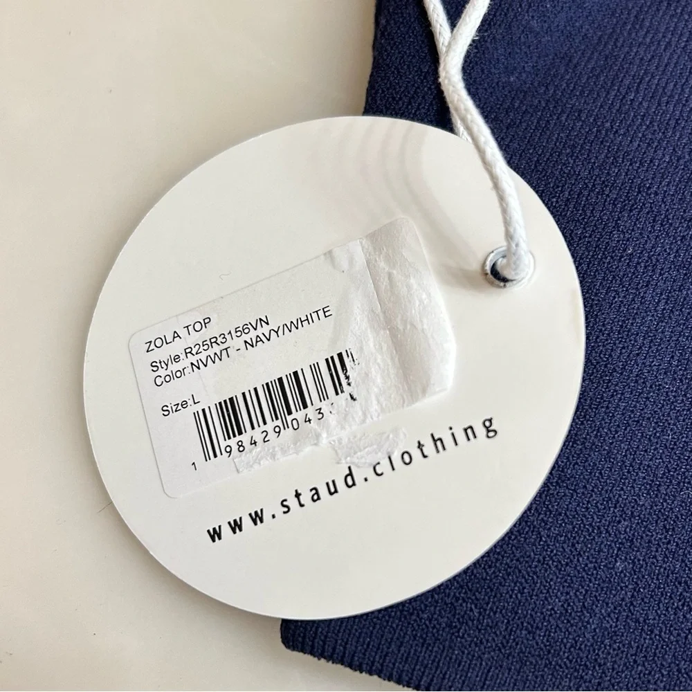 NWT Staud Zola Knit Crop Top Navy Blue & White Embroidered Logo Size Large